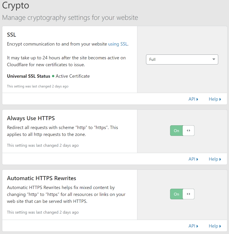Cloudflare crypto setup: SSL = Full, Always use HTTPs = Yes, Automatic HTTPS rewrites = Yes